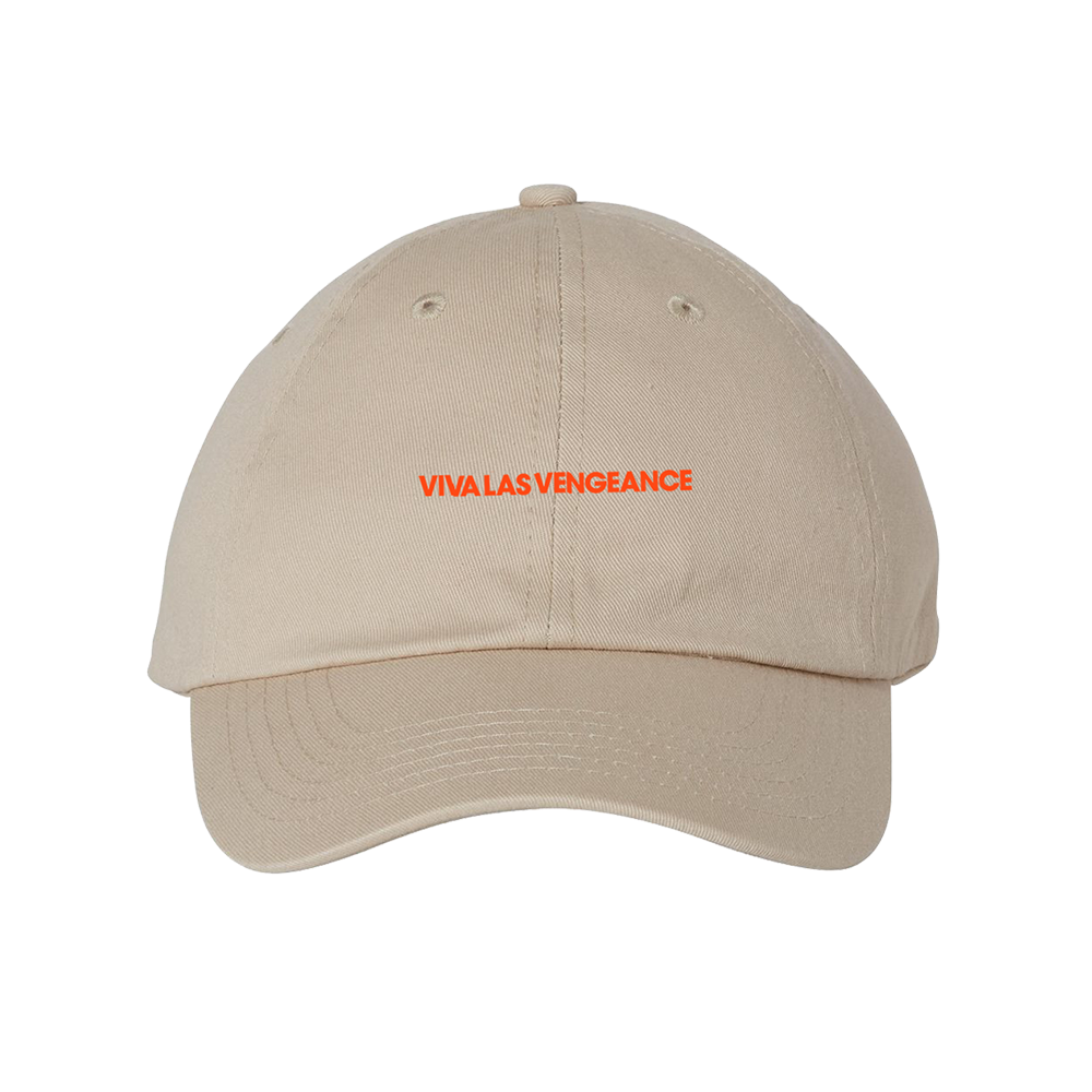 Beige baseball cap with orange text ’VIVA LAS VENGEANCE’ on the front.