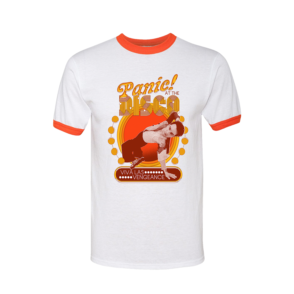 White t-shirt with orange trim featuring a retro-style ’Panic! at the Disco’ band design.