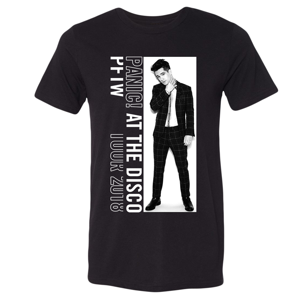 Black t-shirt featuring a graphic design of a man in a suit and text reading ’Panic! At The Disco’.
