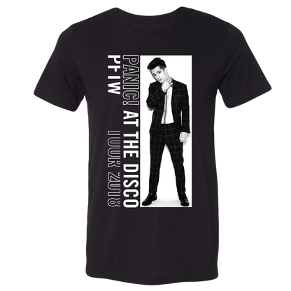 Black t-shirt featuring a graphic design of a man in a suit and text reading ’Panic! At The Disco’.