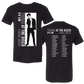 Black t-shirt featuring Panic! At The Disco tour merchandise design with front and back views shown.