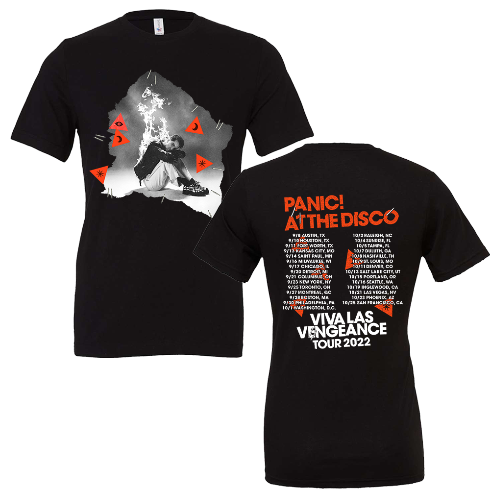 Black concert t-shirt for Panic! At The Disco’s Viva Las Vengeance Tour 2022, featuring tour dates on the back and a stylized image on the front.