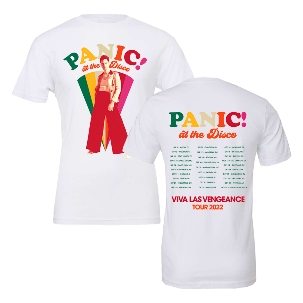 White t-shirt with colorful ’Panic! at the Disco’ tour design on front and back.