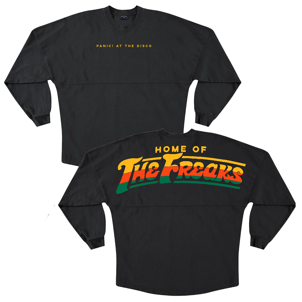 Black long-sleeved shirt with ’Panic! At The Disco’ and ’Home of The Freaks’ text printed on front and back.