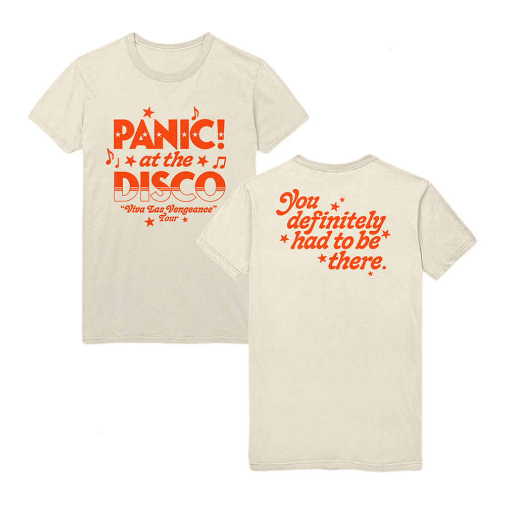 Beige t-shirt with orange text design for Panic! at the Disco’s ’Viva Las Vengeance’ tour.