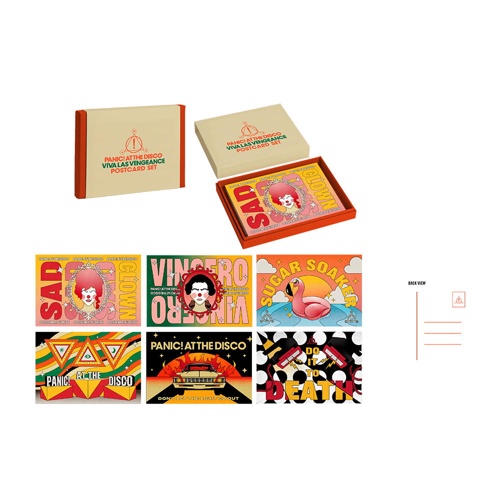 Postcard set featuring Panic! At The Disco album artwork and imagery.